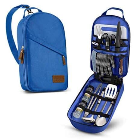 camp kitchen cooking utensil set travel organizer grill accessories portable compact gear for backpacking bbq camping hiking travel cookware kit water resistant case (blue 13 piece set)