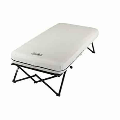 coleman twin airbed folding cot with side table and 4d battery pump, white coleman twin airbed folding cot with side table and 4d battery pump, white